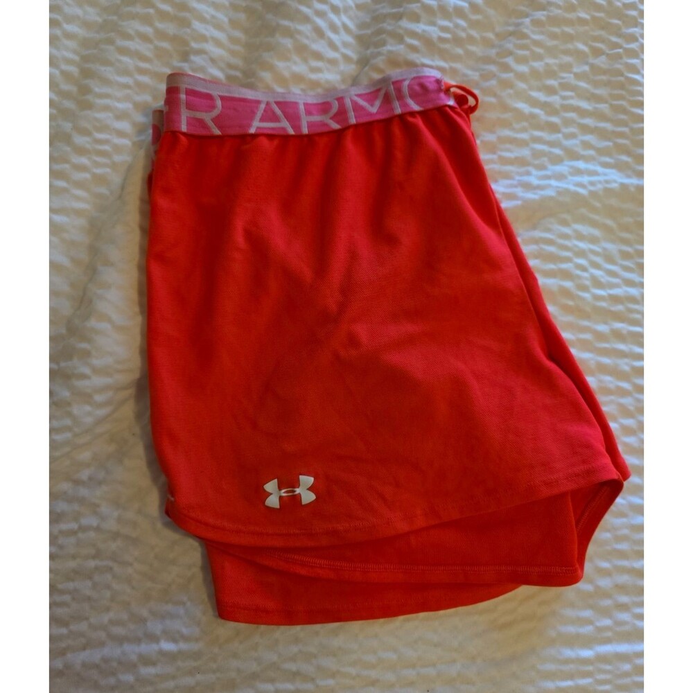 Under Armour HeatGear Women's Orange/Pink Knit Athletic Shorts Semi-Fitted Logo